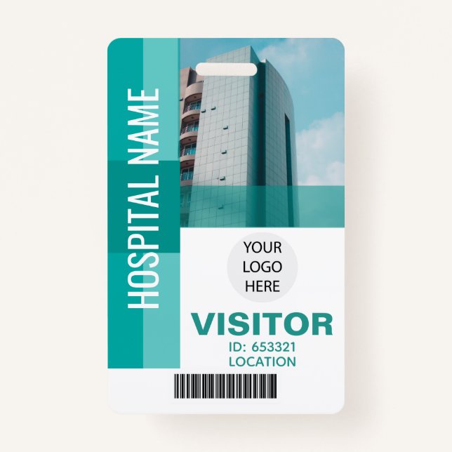 Modern Teal Visitor Bar Code, Logo ID ID Badge (Front)