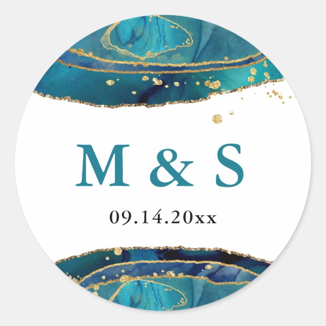 Modern Teal Watercolor Gold Agate Personalised Classic Round Sticker (Front)