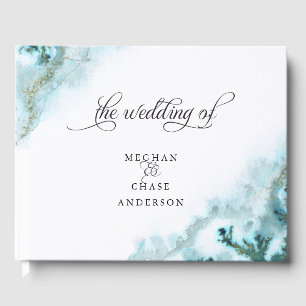 Modern Teal Watercolor Moss Agate BarefootBride™ Guest Book
