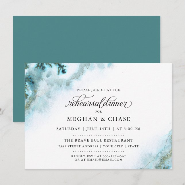 Modern Teal Watercolor Moss Agate BarefootBride™ Invitation (Front/Back)