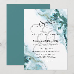 Modern Teal Watercolor Moss Agate BarefootBride™ Invitation