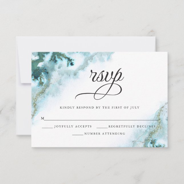 Modern Teal Watercolor Moss Agate BarefootBride™ RSVP Card (Front)