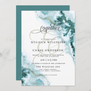 Modern Teal Watercolor Moss Agate Custom Invitation