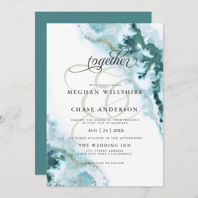 Modern Teal Watercolor Moss Agate Custom Invitation (Front/Back)