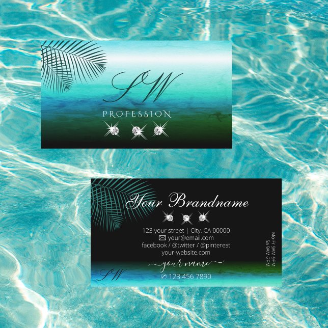 Modern Teal Watercolor Palm Leaves Jewels Initials Business Card (Creator Uploaded)