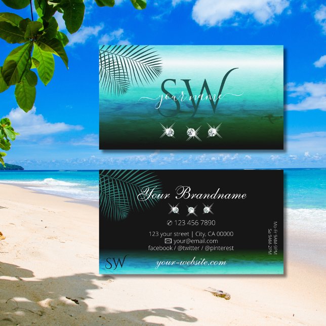 Modern Teal Watercolor Palm Leaves Jewels Monogram Business Card (Creator Uploaded)