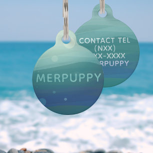 Modern Teal Watercolor Waves Sea Green Dog Name Pet Tag