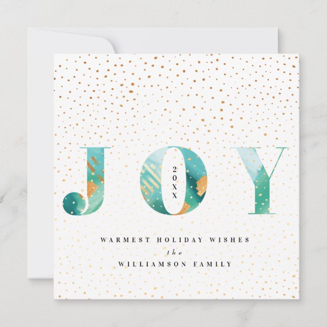 Modern Teal Watercolour Joy & Gold Snow Confetti Holiday Card (Front)