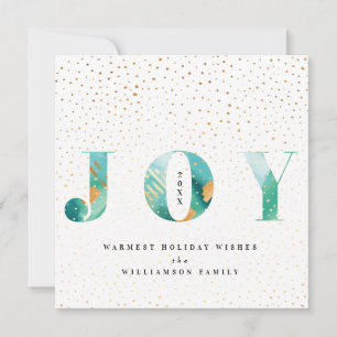 Modern Teal Watercolour Joy & Gold Snow Confetti Holiday Card