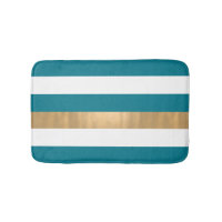 Modern Teal White and Gold Striped Bath Mat