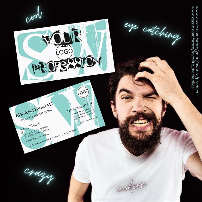 Modern Teal White Black with Logo and Monogram Business Card (Creator Uploaded)