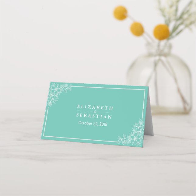 Modern Teal White Floral Table Number Seating Name Place Card (Back)