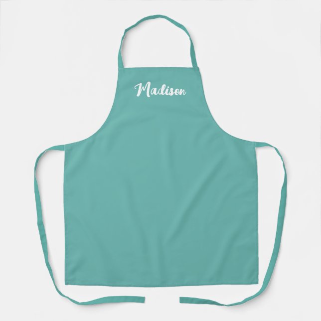 Modern Teal White Hand Lettering Script Monogram Apron (Front)