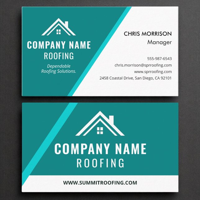 Modern Teal White Roofing Contractor Remodeling Business Card (Creator Uploaded)