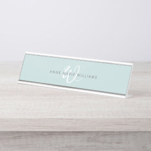 Modern Teal White Script Monogram Desk Name Plate