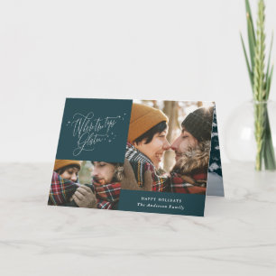 Modern teal winter forest multi photo Christmas Ca Card