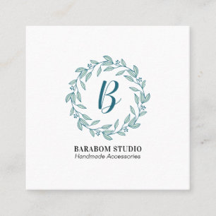 Modern Teal Wreath Monogram Professional Square Business Card