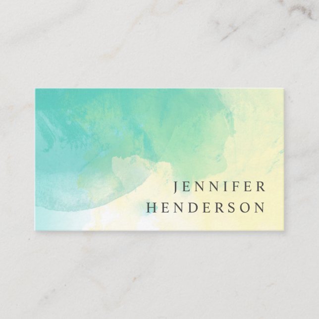 Modern teal yellow watercolor splatter splash business card (Front)