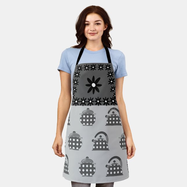 Modern Teapots Flowers Black Grey Apron (Worn)