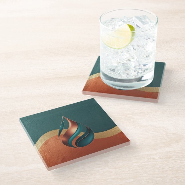 Modern Teardrop Wave Teal Copper Gold Glass Coaster (Angled)