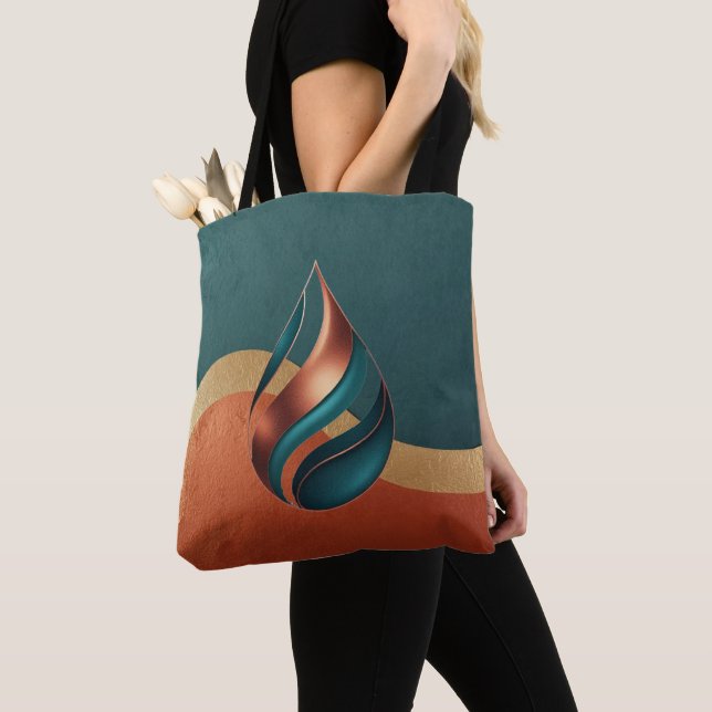 Modern Teardrop Wave Teal Copper Gold Tote Bag (Close Up)