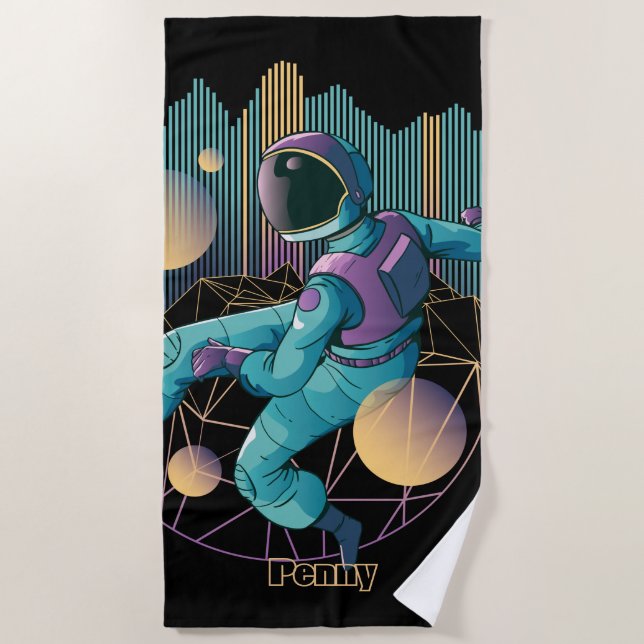 Modern Techno Astronaut Illustration Beach Towel (Front)