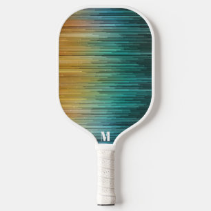 Modern Techno Screen Blue Green Yellow Monogram Pickleball Paddle