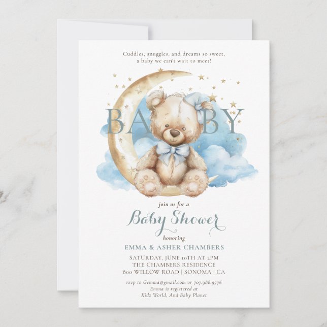 Modern Teddy Bear Moon Stars Blue Baby Shower Invitation (Front)