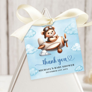 Modern Teddy Bear Pilot Airplane Blue Brown Baby Favour Tags
