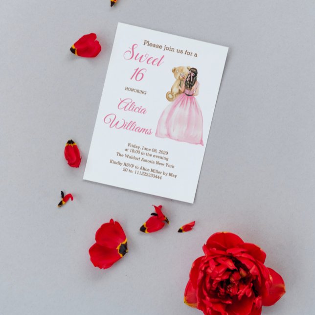 Modern Teddy Bear Rose Sweet Sixteen 16 Birthday Invitation (Creator Uploaded)
