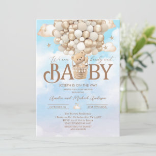 Modern teddy bear watercolor baby shower invitation