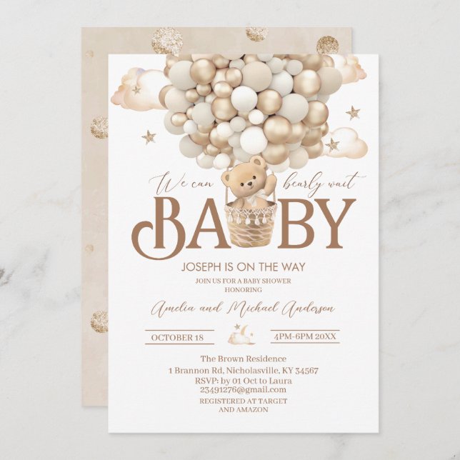 Modern teddy bear watercolor baby shower invitation (Front/Back)