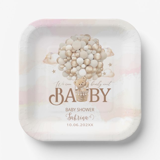 Modern Teddy Bear Watercolor  baby showPaper Plate (Front)