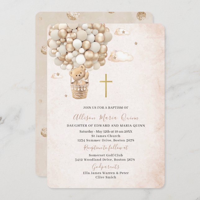 Modern Teddy Bear Watercolor Baptism Invitation (Front/Back)