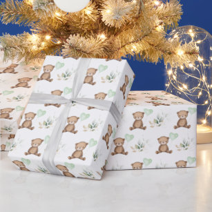 Modern Teddy Bear with Balloon & Greenery Party Wrapping Paper