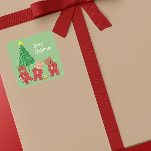 Modern Teddy Bears in Christmas Pyjamas With Tree  Square Sticker