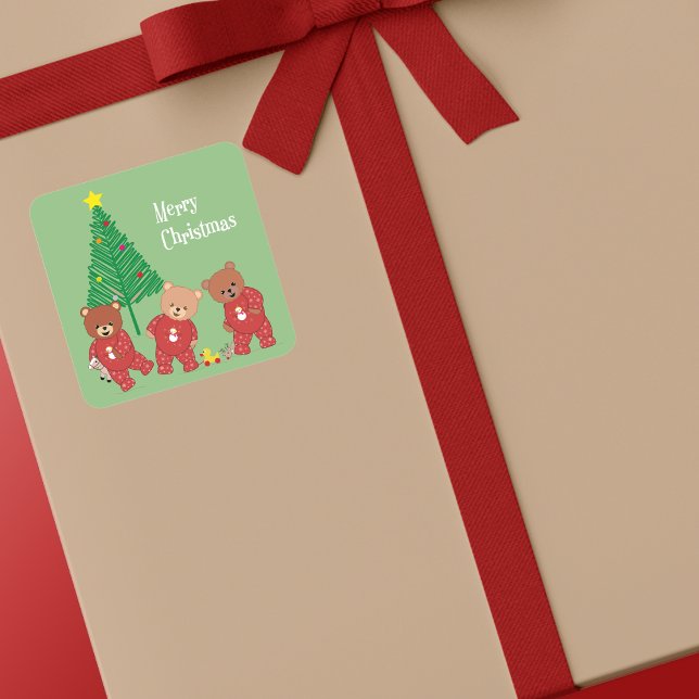 Modern Teddy Bears in Christmas Pyjamas With Tree  Square Sticker (3 Toddler Teddies In Baby Gros Sticker)