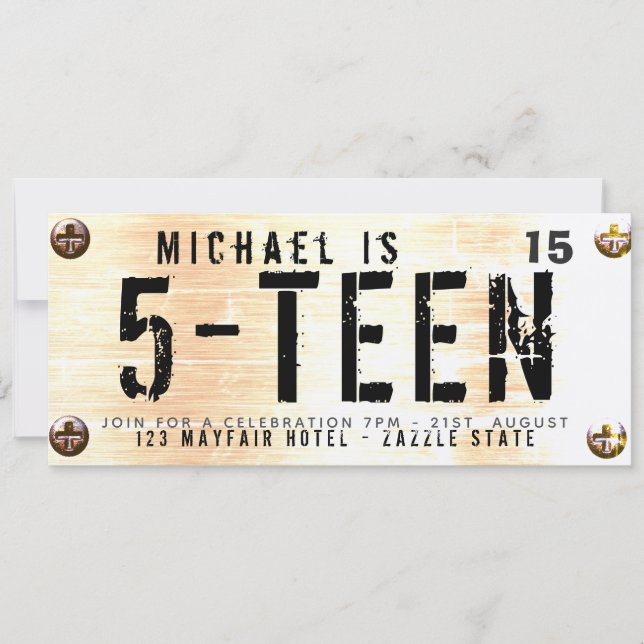 MODERN TEEN Birthday BOY Car LICENSE Plate Rusty Invitation (Front)