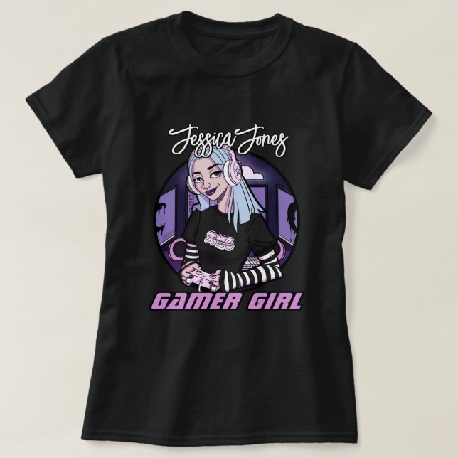 Modern Teen Gamer Girl Cartoon Name Slogan T-Shirt (Design Front)
