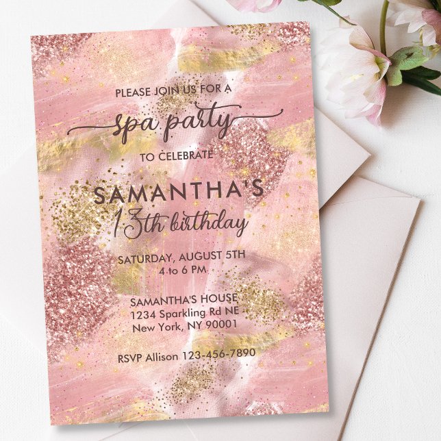 Modern Teen Girl Spa Party Faux Rose Gold Glitter Invitation (Creator Uploaded)