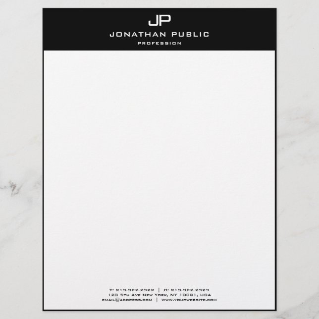 Modern Template Elegant Black White Monogrammed Custom Letterhead (Front)