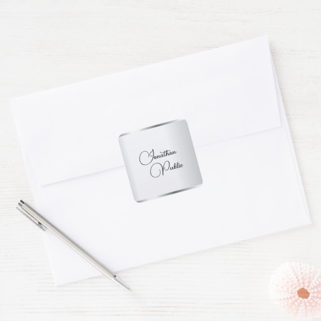 Modern Template Elegant Silver Look Typography Square Sticker (Envelope)