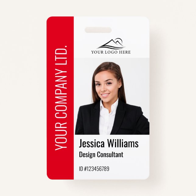 Modern Template Employee Photo Logo Name Red ID Badge (Front)