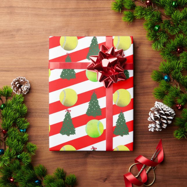 Modern Tennis Ball Christmas Tree Red Stripes Wrapping Paper (Holiday Gift)