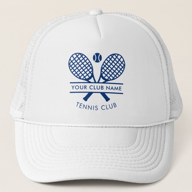 Modern Tennis Country Club Name Rackets Icons Blue Trucker Hat (Front)