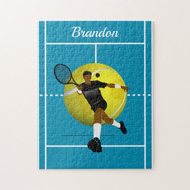 Modern Tennis Player Illustration Blue Court Name Jigsaw Puzzle (Vertical)