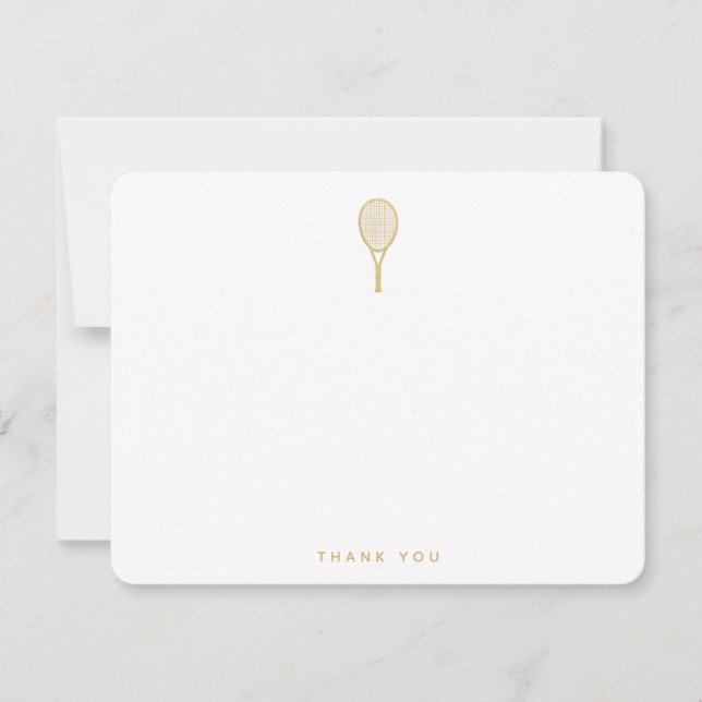Modern Tennis Racquet in Gold and White Thank You Card (Front)