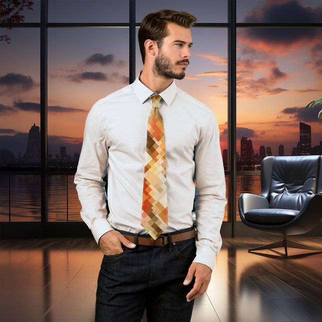 Modern Terra Cotta Geometric Abstract Pattern Tie (Modern design tie featuring an abstract geometric tiled design in warm terra cotta and earth colors)