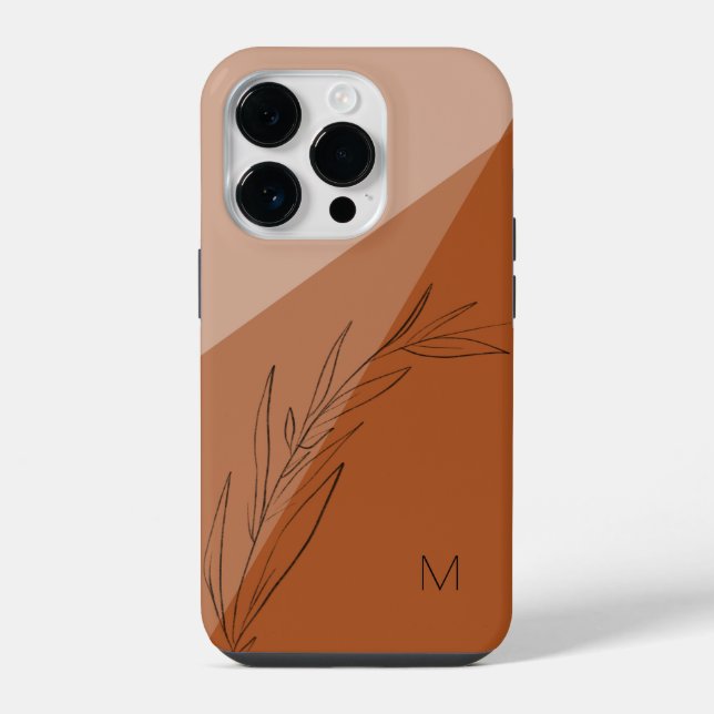 Modern Terra Cotta Line Drawn Leaf Monogram iPhone Case (Back)