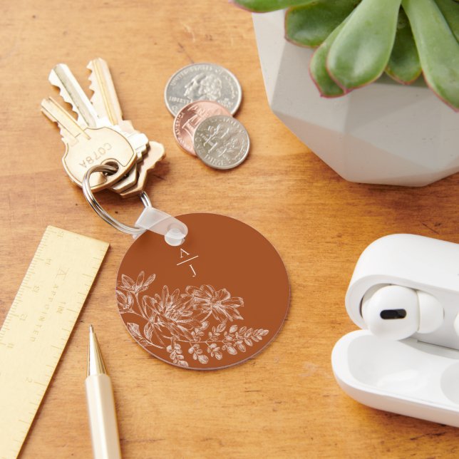 Modern Terra Cotta Monogram Floral Key Ring (Desk)
